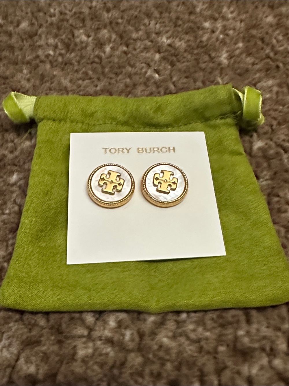 Tory Burch Gold and White Logo Round Studs